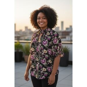 Rachel Roy Floral Print Blouse 2X Black Purple Green Tie Neck Keyhole